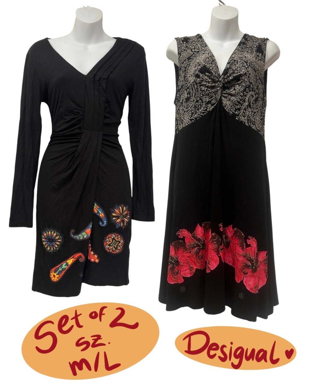 Desigual Dress Bundle 2pc Size M/L Black Paisley Embroidered Floral Hibiscus